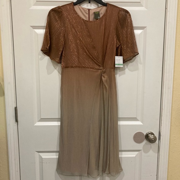 NWT Taylor Sz 8 gold sparkle ombré flutter sleeve side tie dress style 2102M - Picture 3 of 14